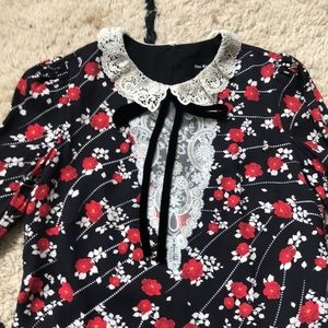 The Kooples Dark Floral Dress with Lacy Peter Pan Collar & Velvet Bow Tie